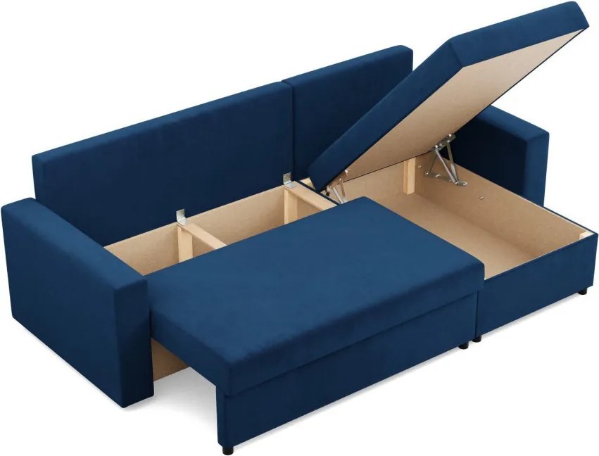 Zeus sarokkanapé, 2 ágyneműtartóval, egyenes kartámasz, bársony, univerzális oldal, hab töltet, kék