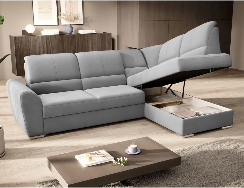 Szürke bársony kinyitható-tárolóhelyes sarokkanapé (jobb oldali-L alakú) Siber – ELTAP