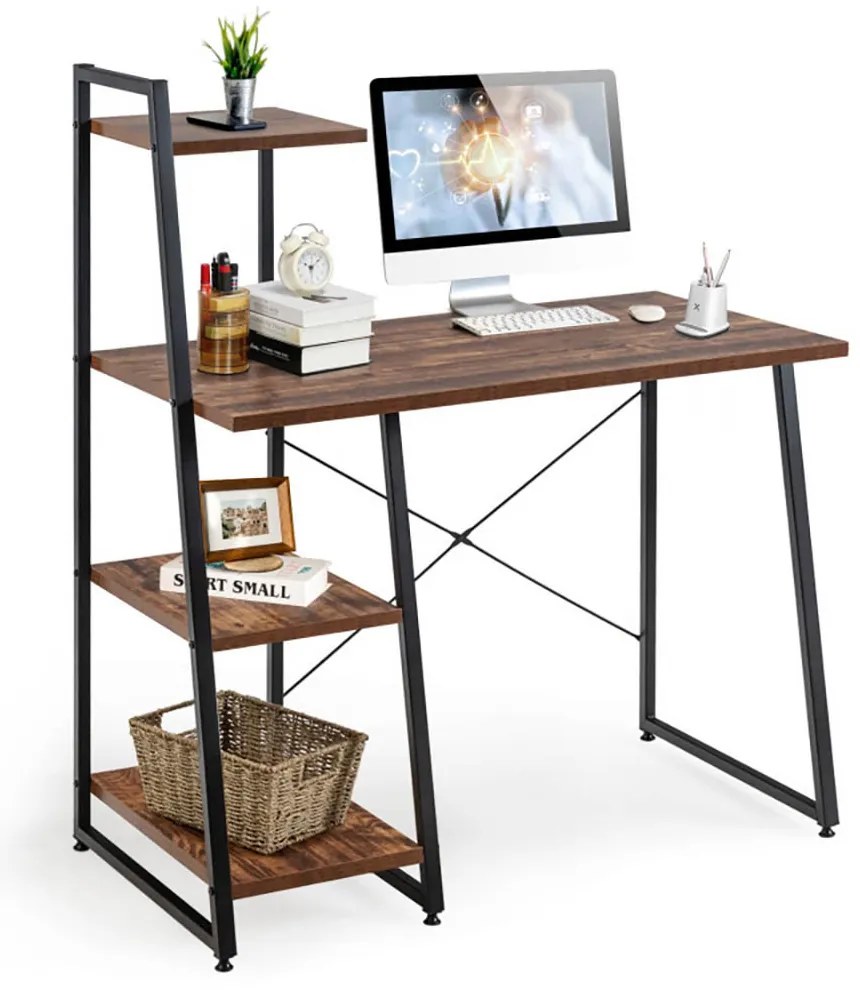 Kompakt számítógépasztal, munkaállomás 4 polccal