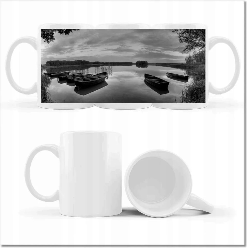 Bögre fényképpel csónakok a tavon