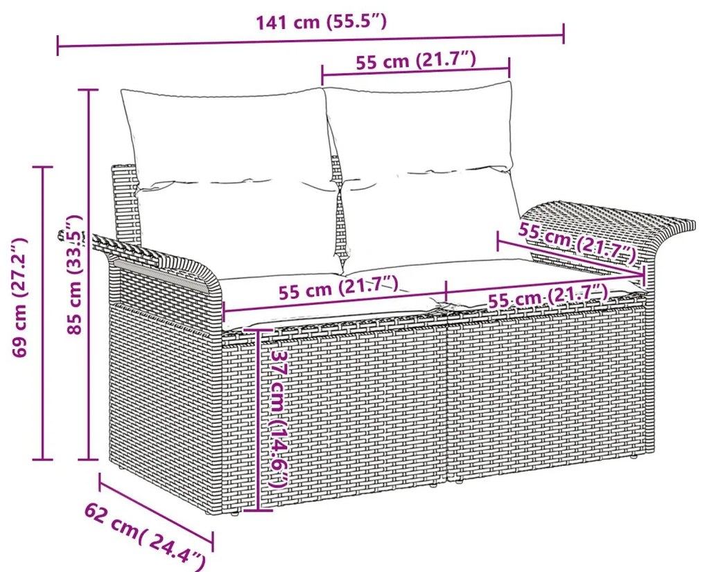 11 Darabos Kert Sofa Készlet Párnákkal Bézs Poli Rattan, 2 Személyes Kert Sofa Tárolóval és Párnákkal Bézs Poli Rattan