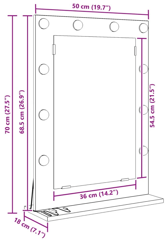 Toalett Tükör LED -es lámpákkal Beton Szürke 70 x 50 x 18 cm