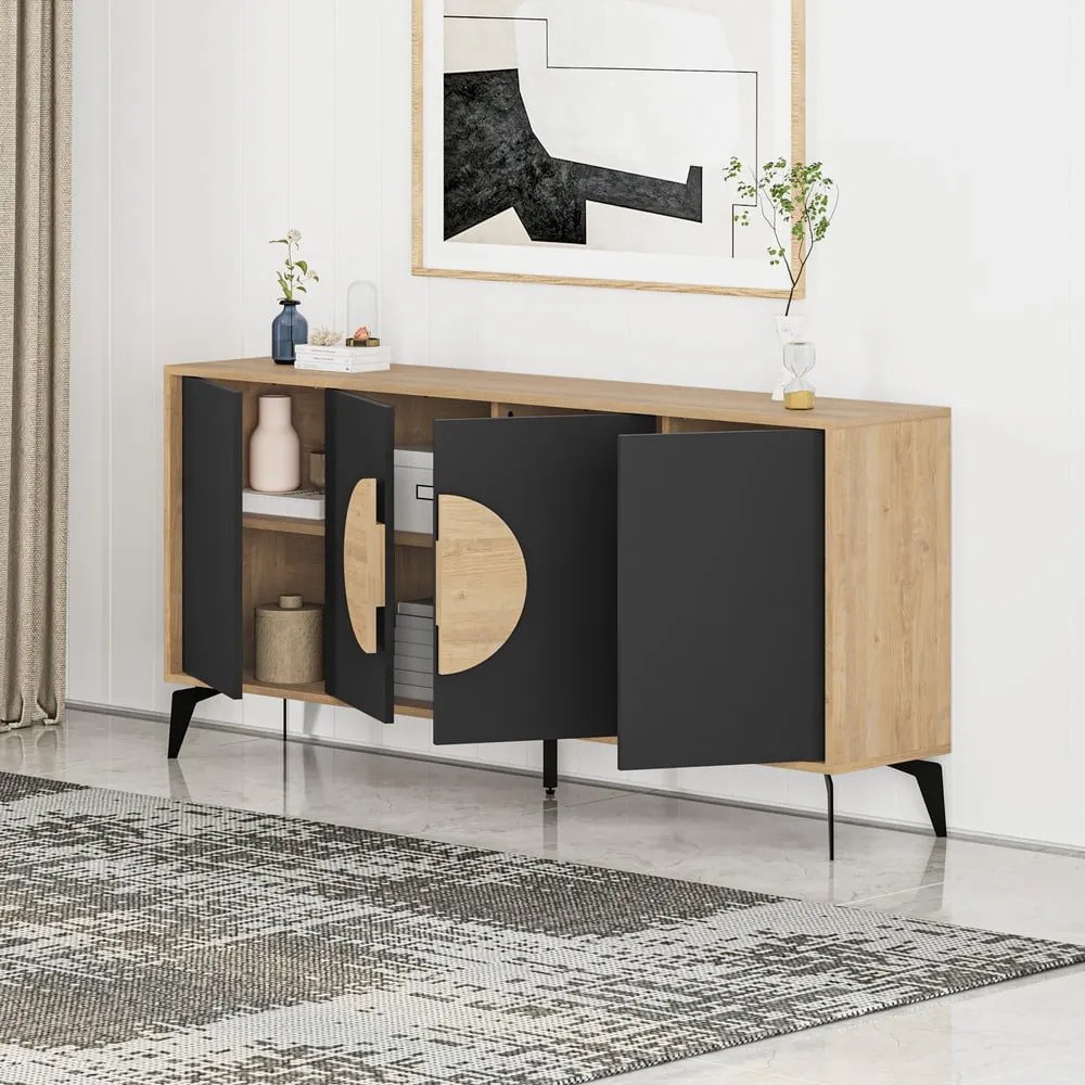 Fekete-natúr színű alacsony komód tölgyfa dekorral 180x82 cm Vae – Marckeric