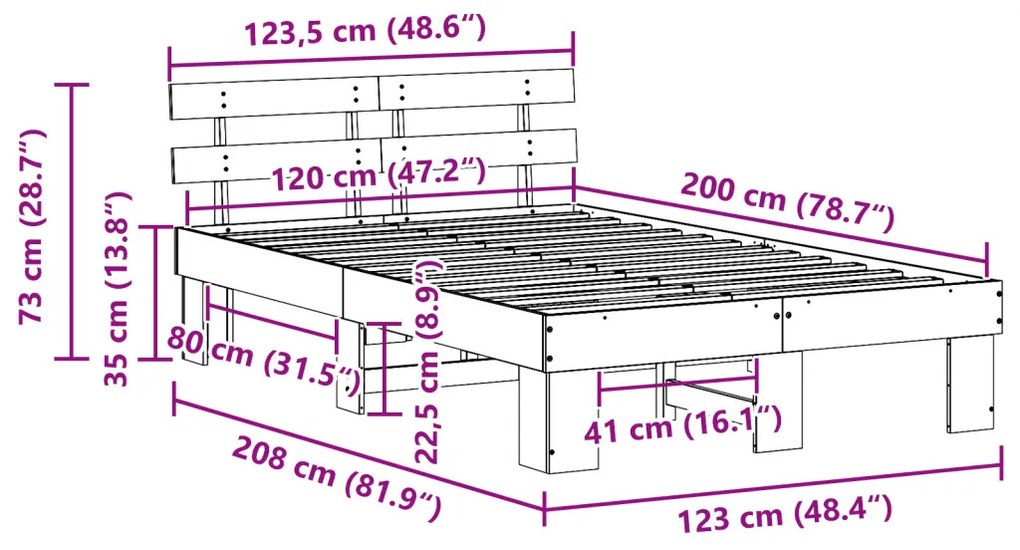 Ágykeret Fejtámlával 120x200 cm Tömör Fa Fenyő