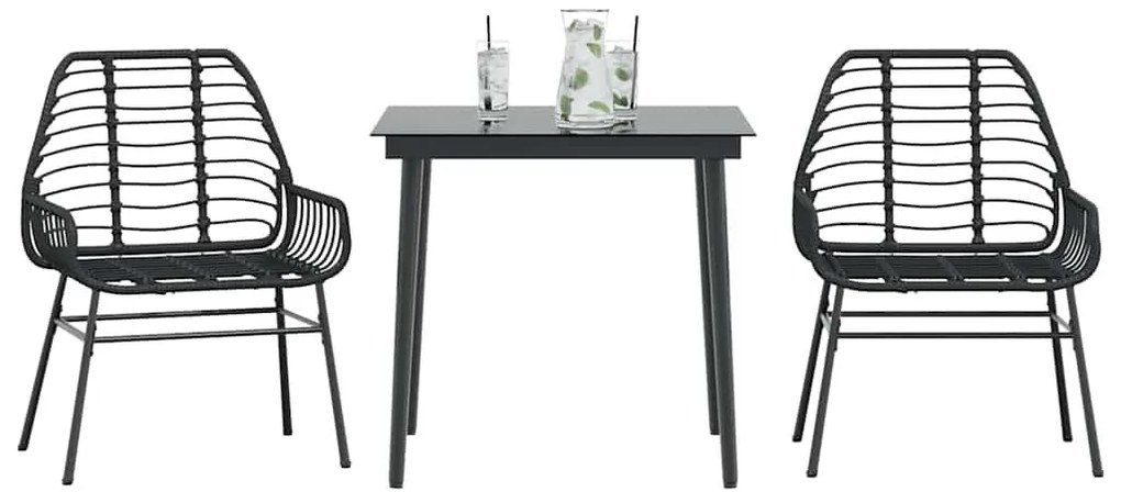 3 részes fekete polyrattan üveg kerti étkezőgarnitúra