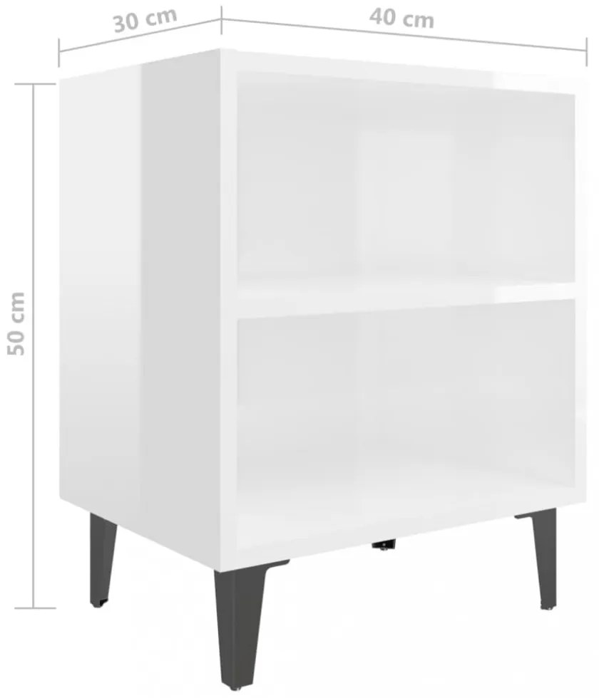 2 db magasfényű fehér éjjeliszekrény fém lábakkal 40x30x50 cm