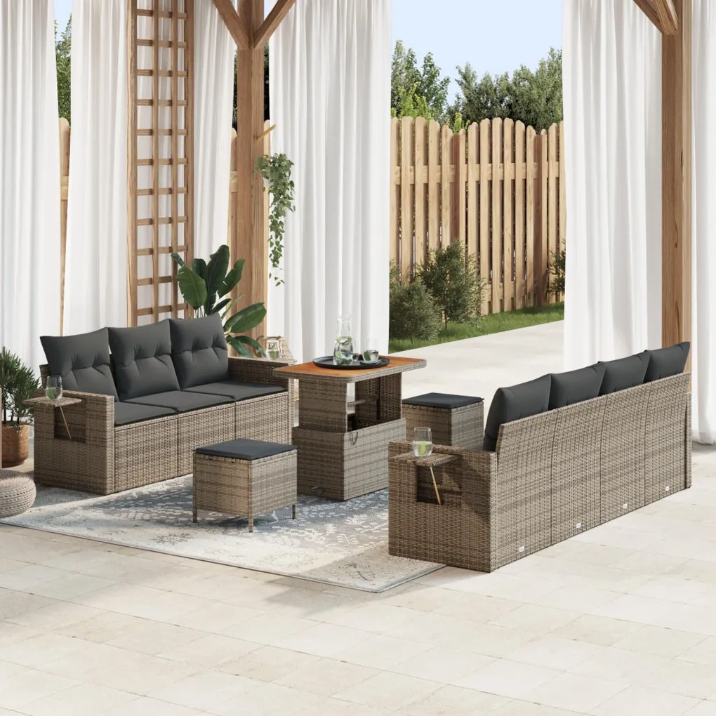 10 Darabos Kerti Sofa Szett Párnákkal Szürke Poli Rattan Akác
