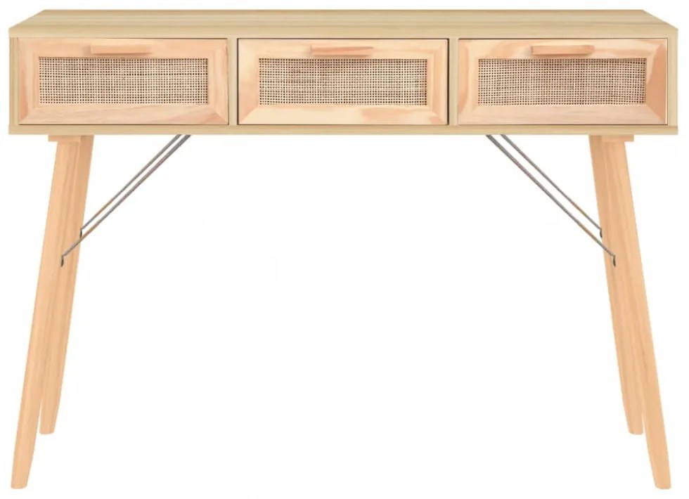 barna tömör fenyő és természetes rattan kisasztal 105x30x75 cm