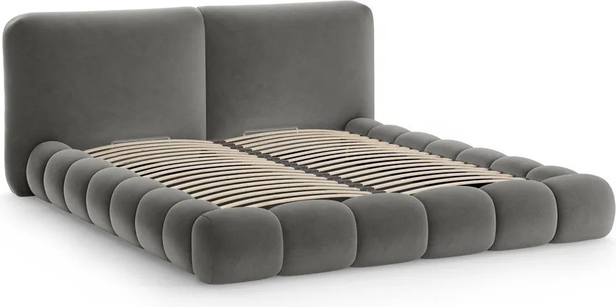 Sötétszürke kárpitozott ágyneműtartós franciaágy ágyráccsal 160x200 cm Solange – Micadoni