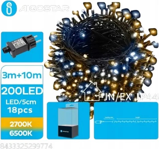 Karácsonyfa fényfüzér 200 Led 2700K-6500K IP44 10m