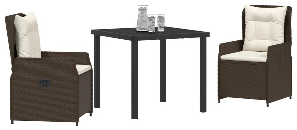 3 Részes Kerti Étkezőszett Barna Polirattan, Kerti Asztal Fekete 80x80x73 cm Edzett Üveg