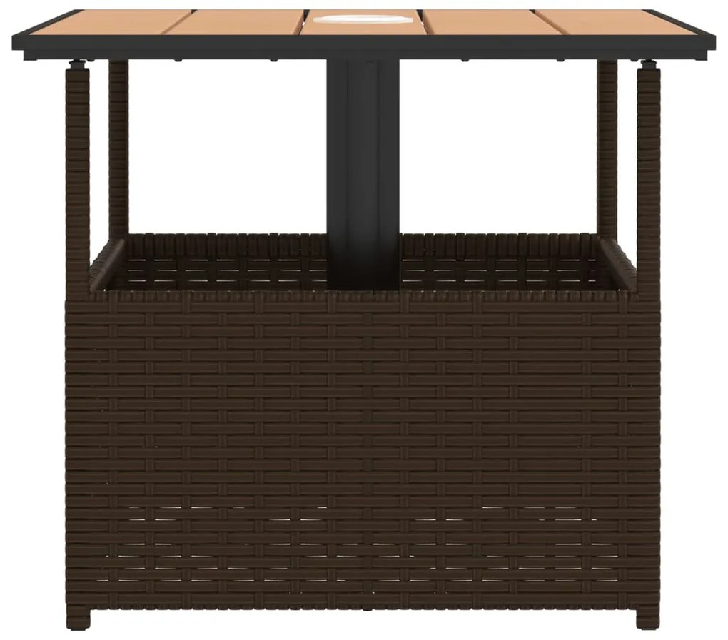 barna polyrattan kerti asztal napernyőlyukkal 55x55x46,5 cm