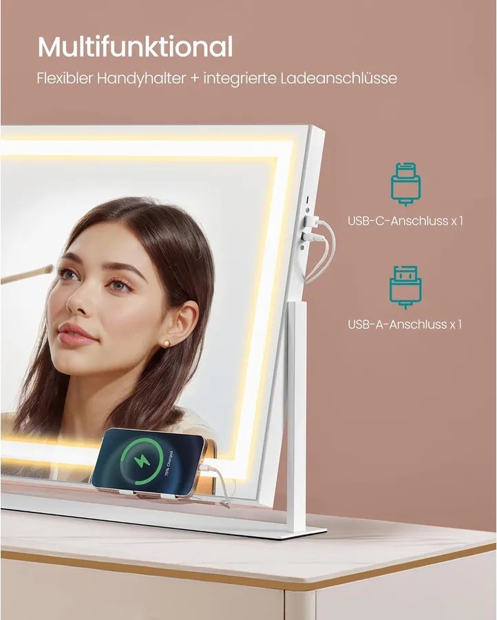 SONGMICS sminktükör világítással, kozmetikai tükör LED-világításal, 58 x 43 cm