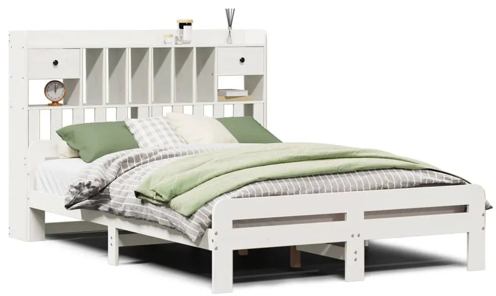 fehér tömör fenyőfa könyvespolcos ágy matrac nélkül 140x190 cm