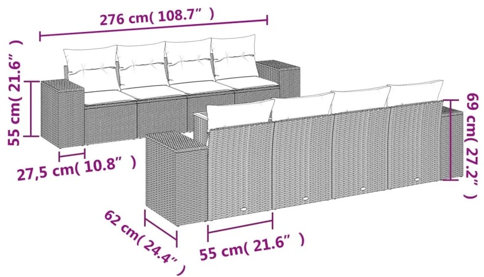 9 részes szürke polyrattan kerti ülőgarnitúra párnákkal