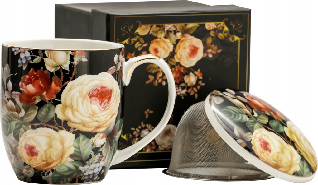 Porcelán teásbögre fedél szűrő virág 420ml tökéletes ajándék