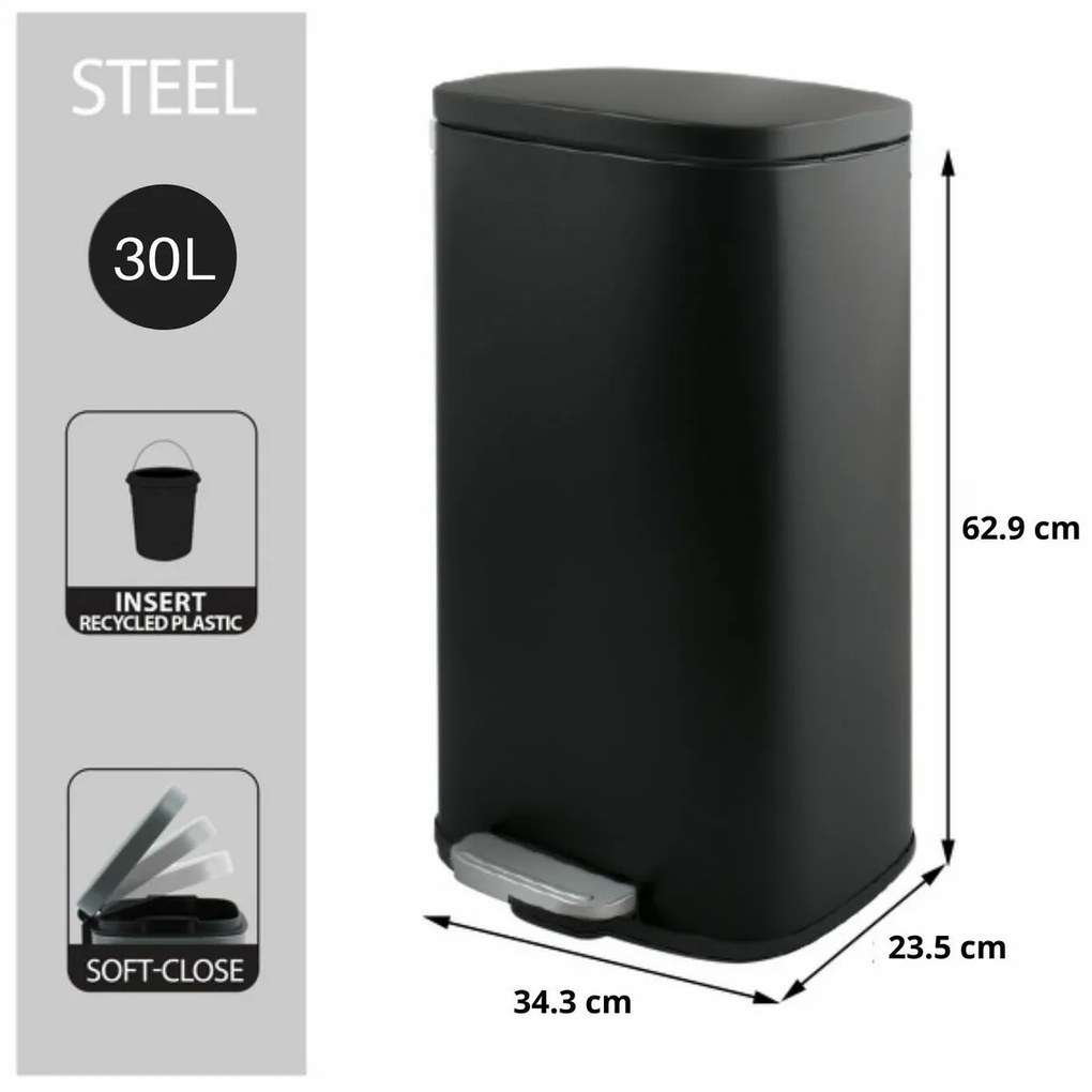 Spirella Soft-close Akira pedálos hulladékgyűjtő 30 l, matt fekete, 30 l