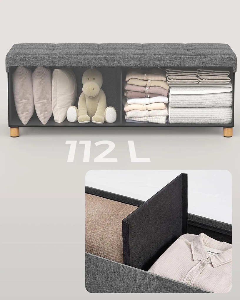 SONGMICS tárolós ülőke, összecsukható pad lábakkal, 38 × 110 × 40 cm, szürke színben