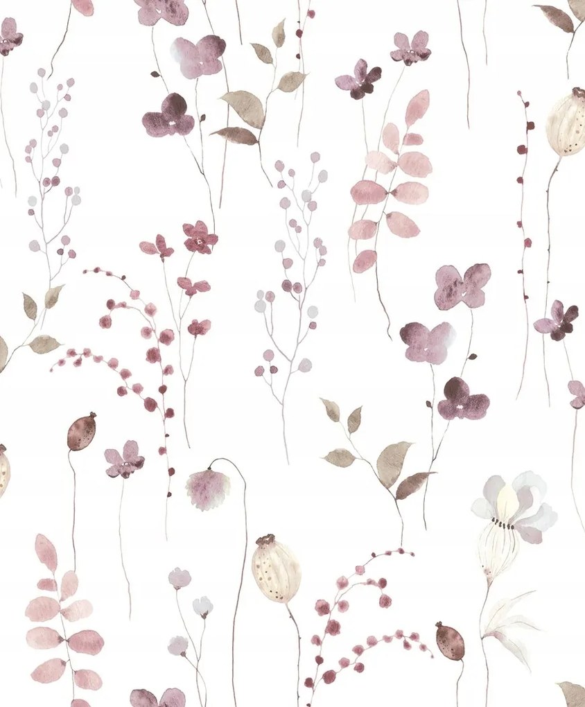 Fali tapéta növényi motívum árnyalatok fehér lila barna virágok tapéta