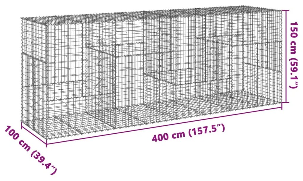 horganyzott vas gabion kosár fedéllel 400 x 100 x 150 cm
