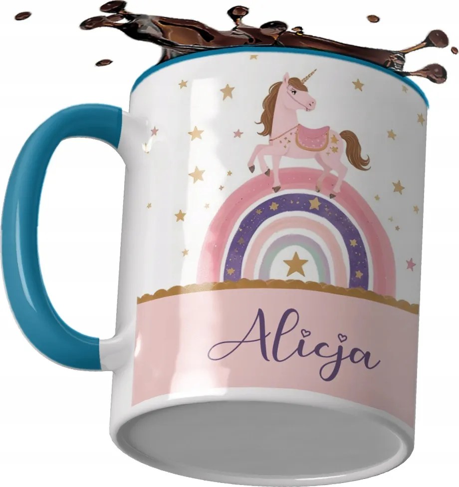 Kék bögre ajándék gyerekeknek szivárvány névvel unikornis iskola