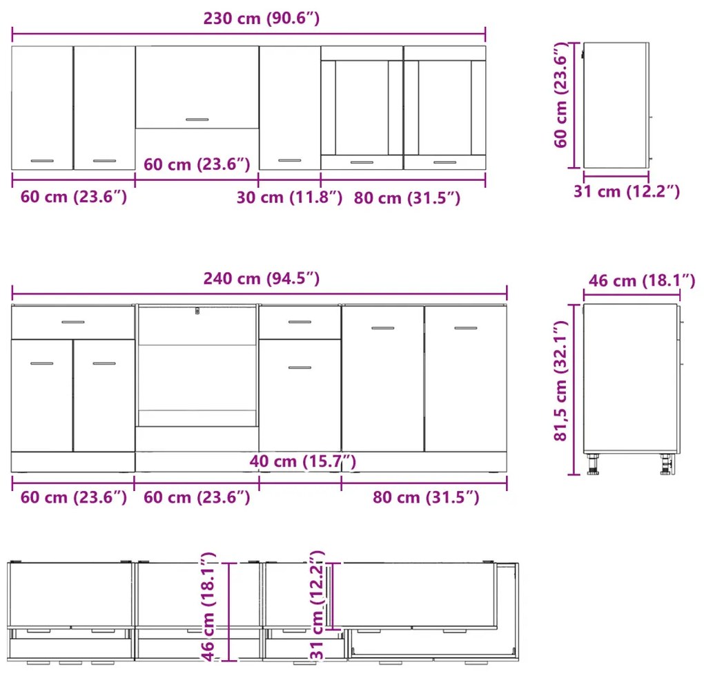 Konyhaszekrény garnitúra 8 pcs Füstölt tölgy 240 x 46 x 81.5 cm