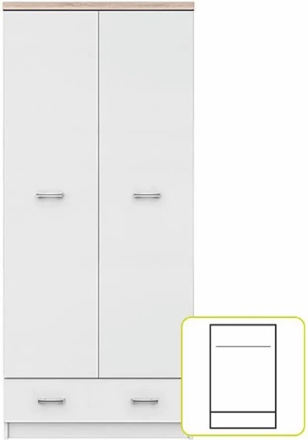 kétajtós szekrény 2D1S, fehér/tölgy sonoma, TOPTY TYP 01