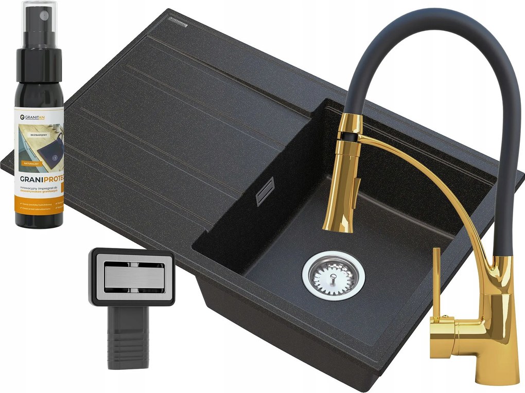 Gránit Mosogató Fekete Arany Csaptelep Timor