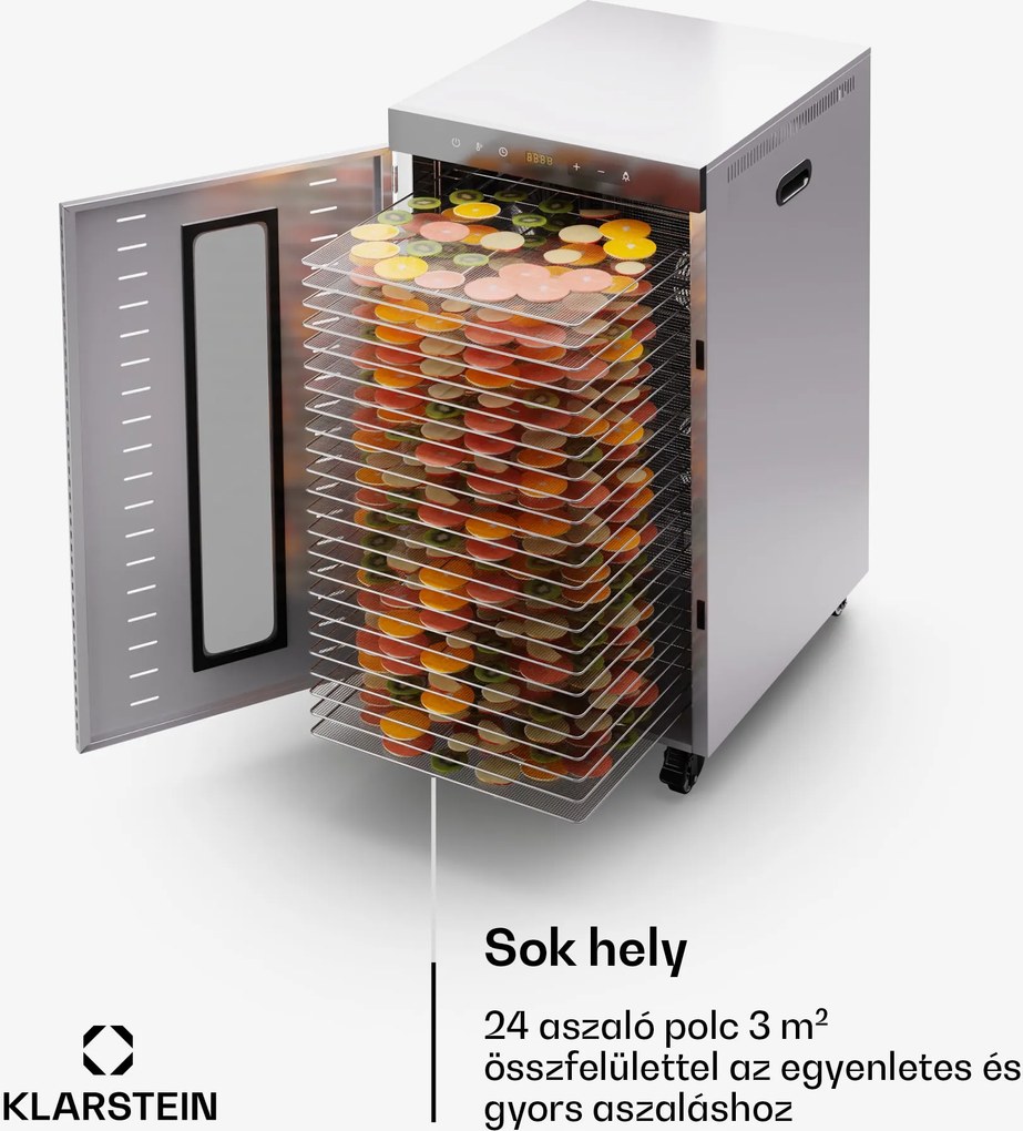 Klarstein MasterJerky 350, szárító, teljesítmény 2 000 W, hőmérséklet-tartomány 30 - 90 °C, 24 órás időzítő, rozsdamentes acél