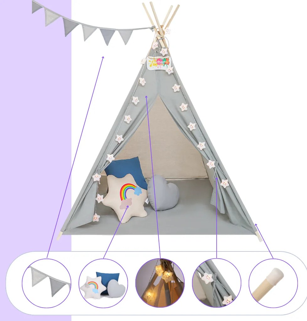 Jurhan JULIUS gyerek teepee sátor, 120x120x160cm, szürke/kék