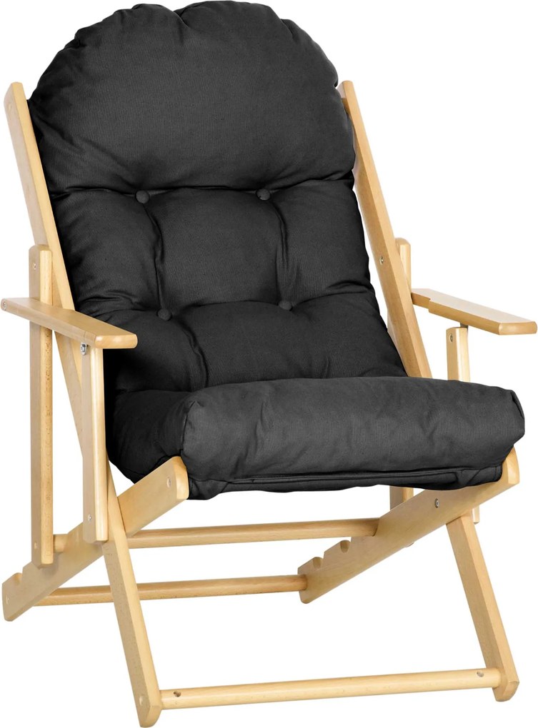 HOMCOM Összecsukható és Dönthető Fa Pihenőszék Vastag Párnázott Tűzött Párnával - 71 x 89 x 96 cm, Fekete | Aosom