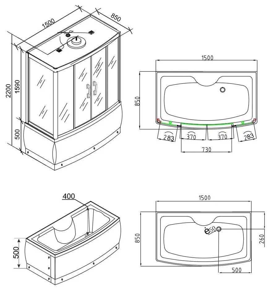 Emilia 85x150 cm hidromasszázs kádkabin elektronikával Black