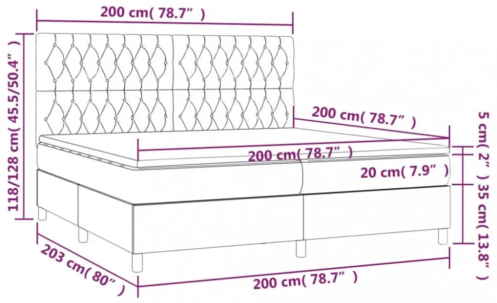 sötétszürke bársony rugós és LED-es ágy matraccal 200x200 cm