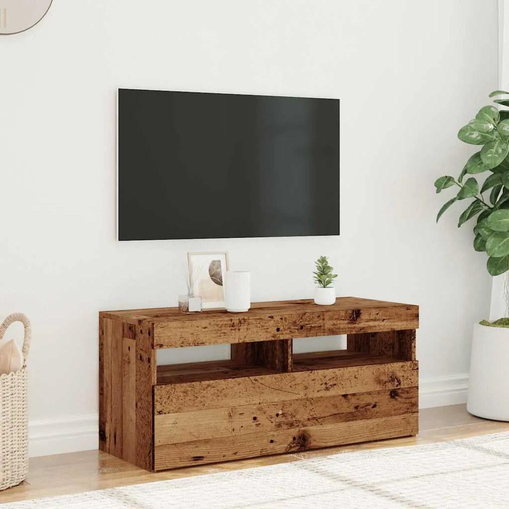 antik fa színű szerelt fa TV-szekrény LED-ekkel 90x35x40 cm