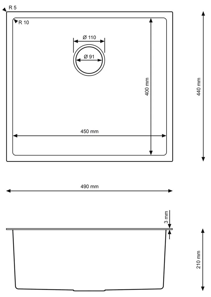 Erga HD, 1 kamrás acél mosogató 490x440x210 mm, acél, ERG-MLS-HD4944