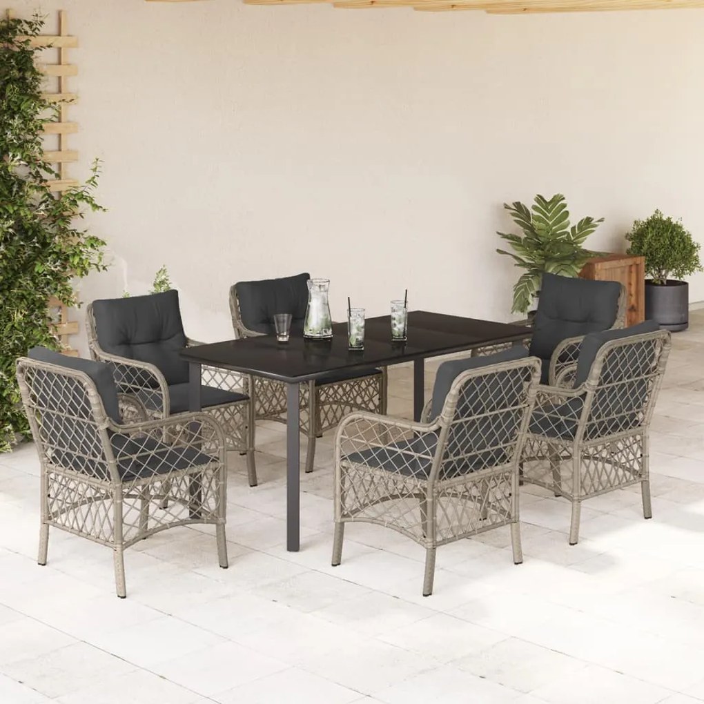 7 részes világosszürke polyrattan kerti étkezőszett párnával