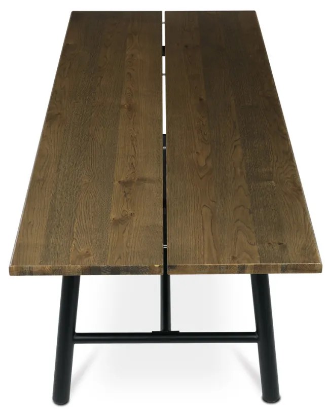 Masă de sufragerie, 220x90cm, furnir, culoare nuc, picioare din metal negru
