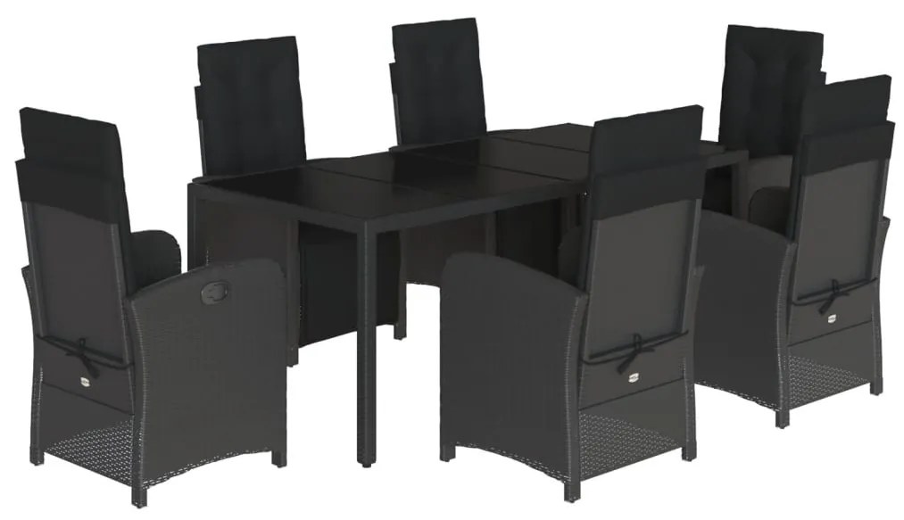 7 részes fekete polyrattan kerti étkezőgarnitúra párnával