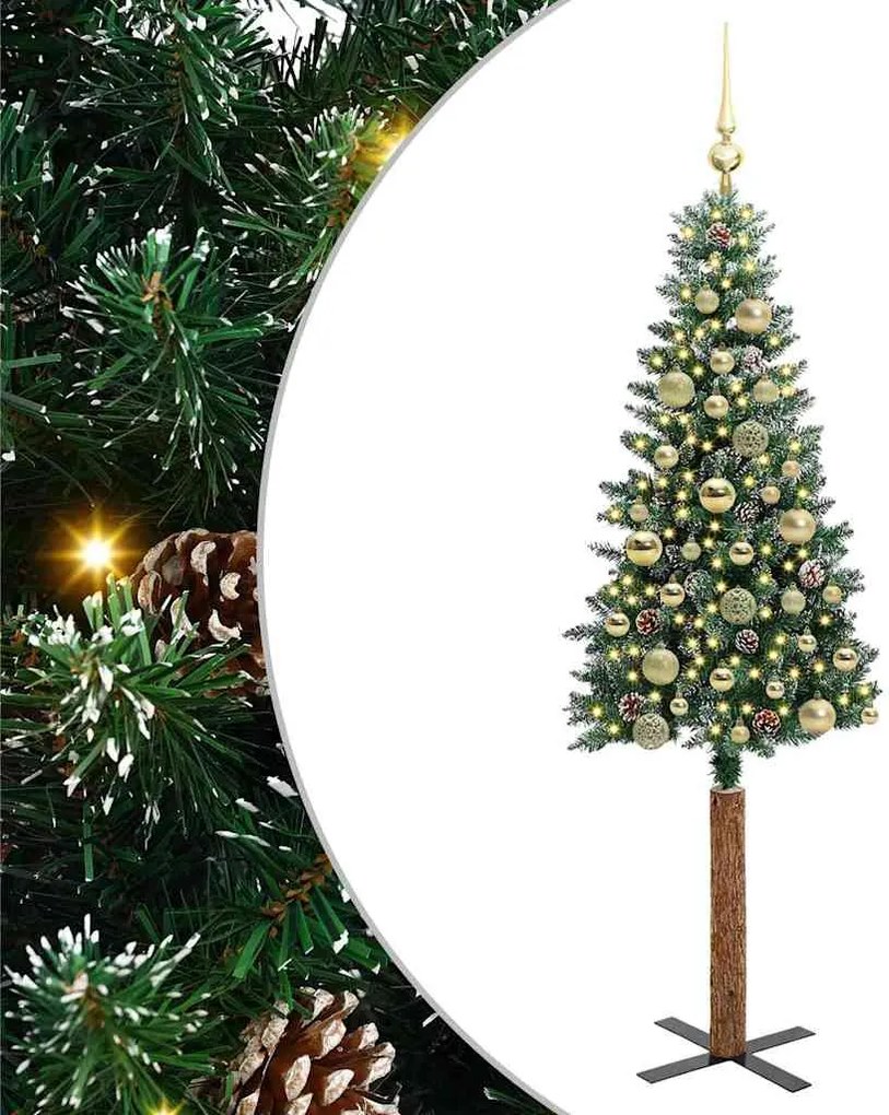 vidaXL Karcsú karácsonyfa 150 LED-del Zöld 150 cm PVC és tömör fenyőfa