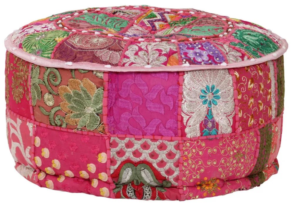 kézzel készült kerek rózsaszín pamut patchwork puff 40 x 20 cm