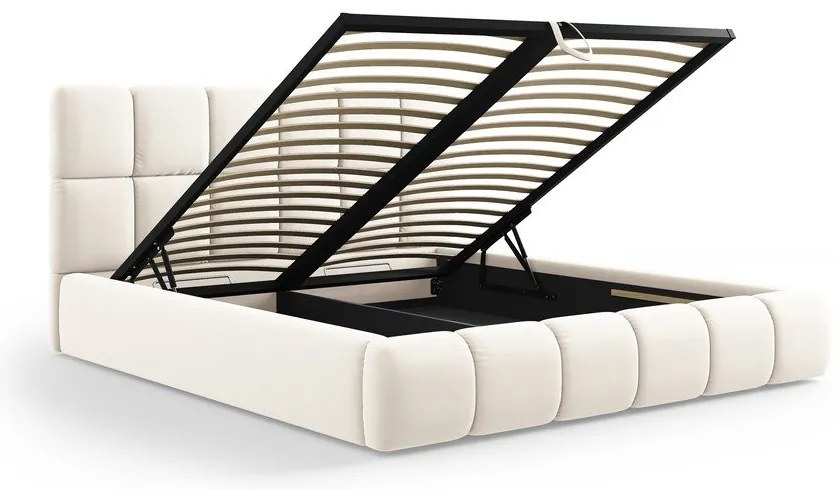 Krémszínű bársony kárpitozott ágyneműtartós franciaágy ágyráccsal 160x200 cm Bellis – Micadoni