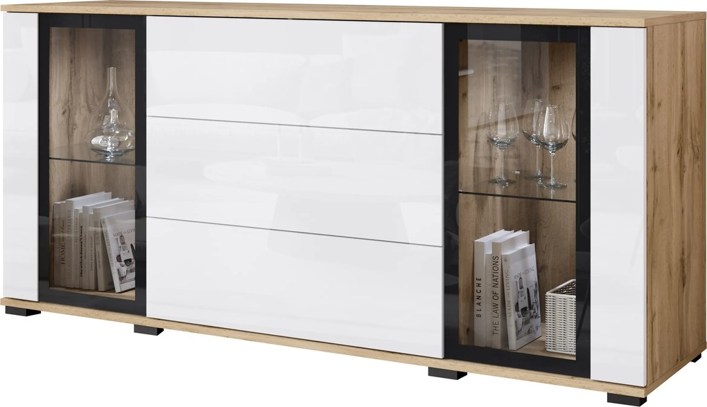 Caro modern komód 150 cm, három fiókkal, üveg polcokkal