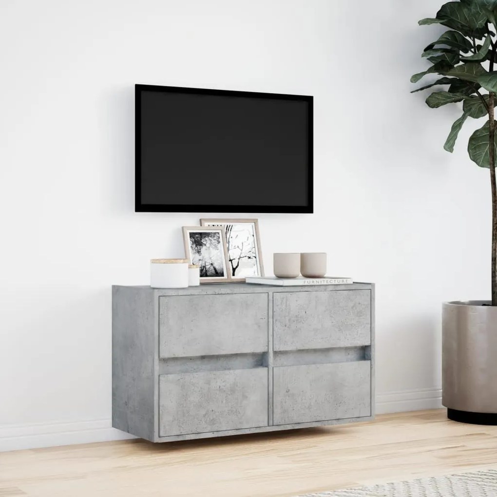 betonszürke falra szerelhető TV-szekrény LED-del 80x31x45 cm