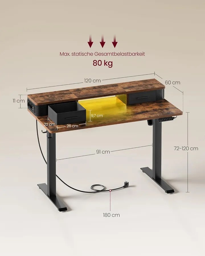 Magasságállítható elektromos íróasztal LED világítással(7 szín), 60 x 120 x (72-120) cm, vintage barna/fekete