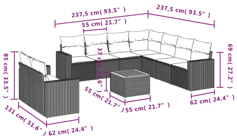 10 részes fekete polyrattan kerti ülőgarnitúra párnákkal