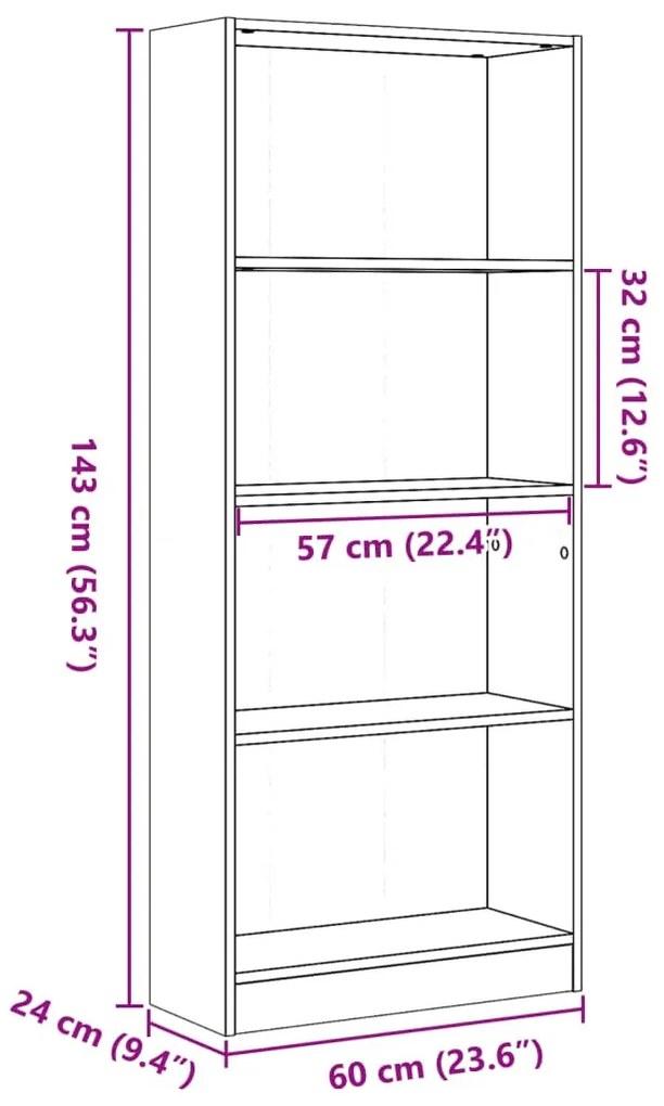 füstös tölgy színű szerelt fa könyvszekrény 60 x 24 x 143 cm