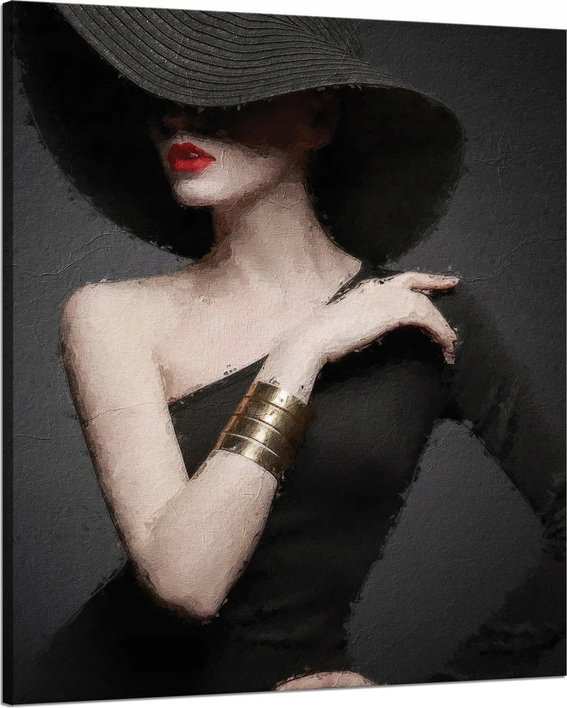 Vászonkép Elegáns Nő Fekete Kalap Piros Száj 80x100 cm