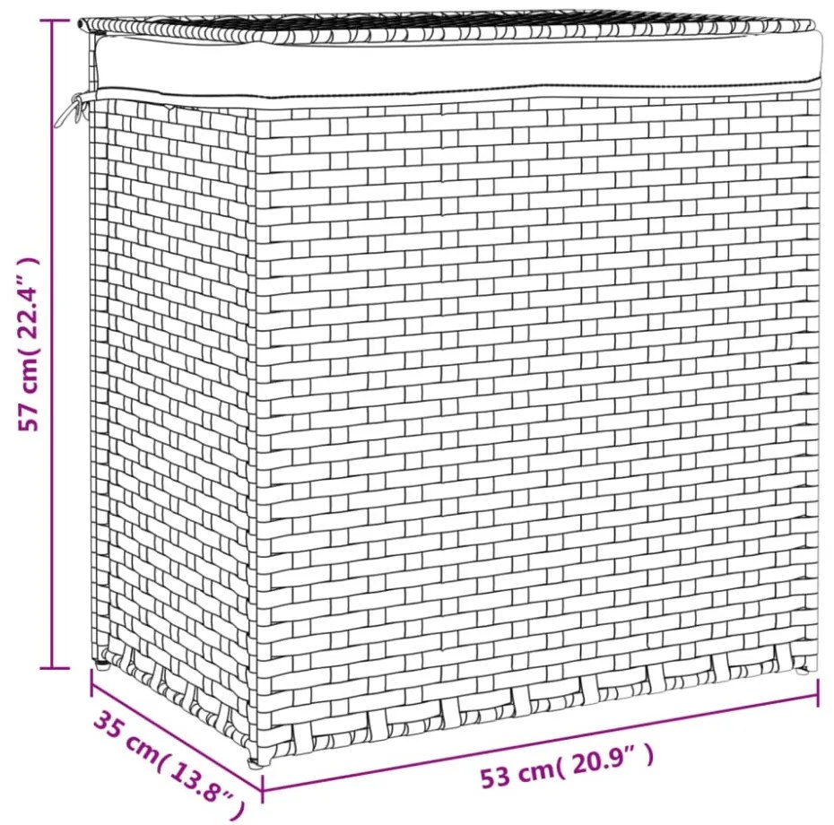 szürke polyrattan szennyeskosár 2 rekesszel 53x33x57 cm