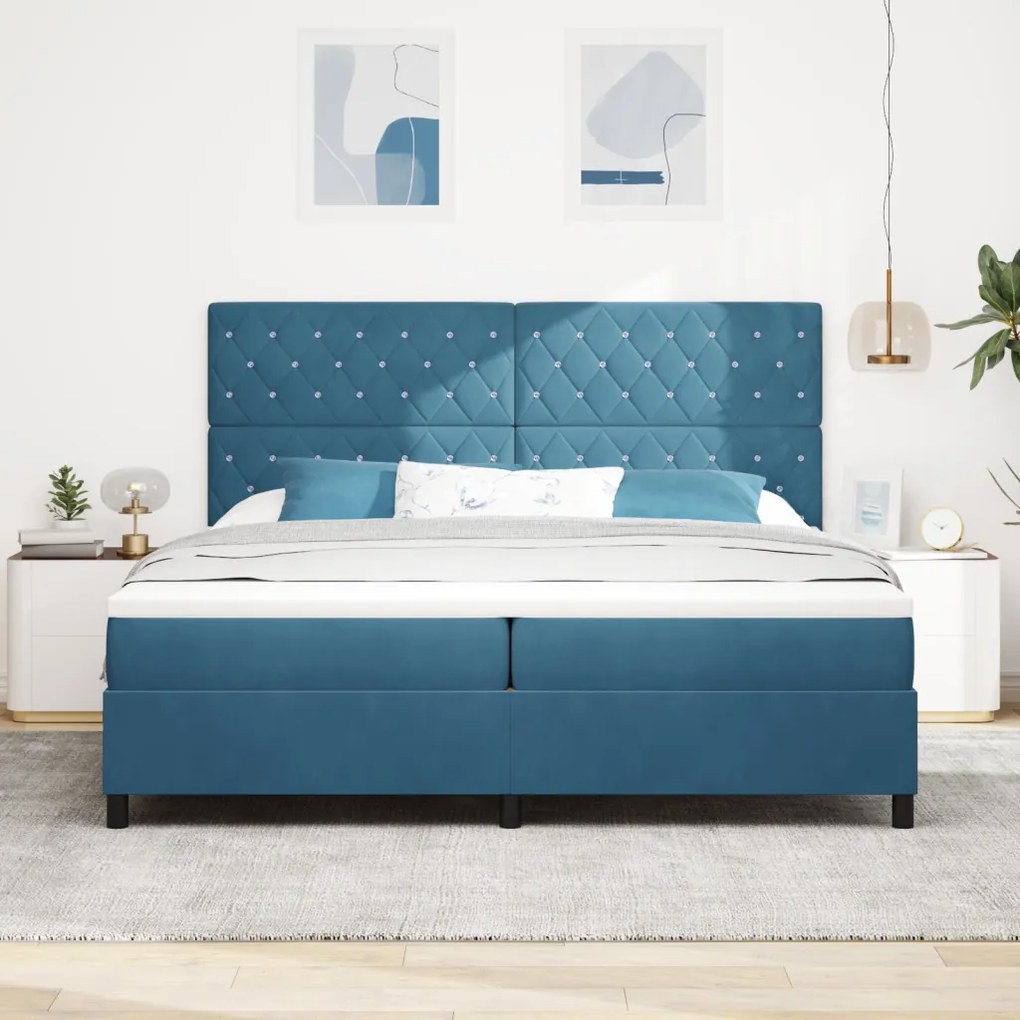 Boxspring Ágy Mattal Sötétkék 200x200 cm Bársonyos
