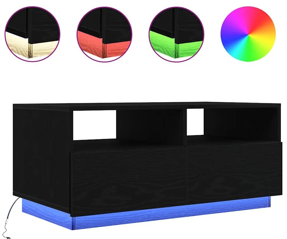 Fekete tölgyszínű dohányzóasztal LED-lámpákkal 90x49x40 cm